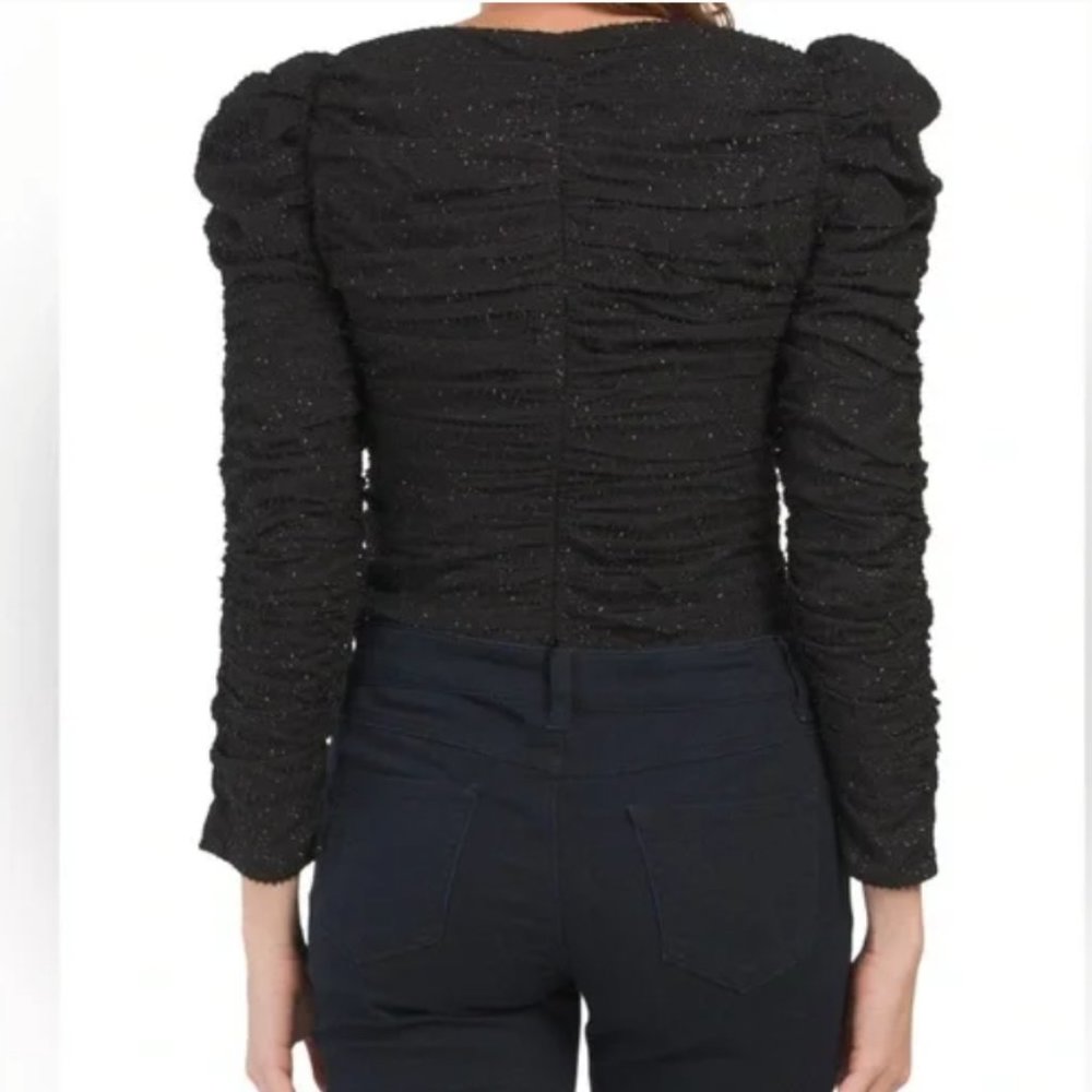 NWOT Caldwell Puff Shoulder Black Glittery Sweetheart Top. - Picture 5 of 11